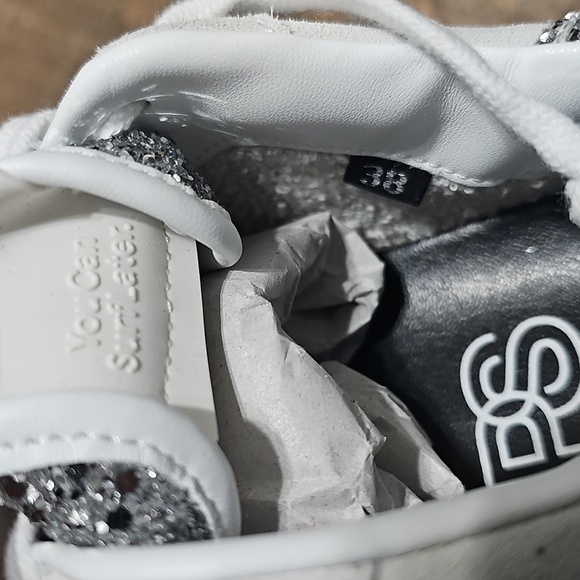 P448 White and Glitter Silver Sneakers Size 38 New - Picture 8 of 13